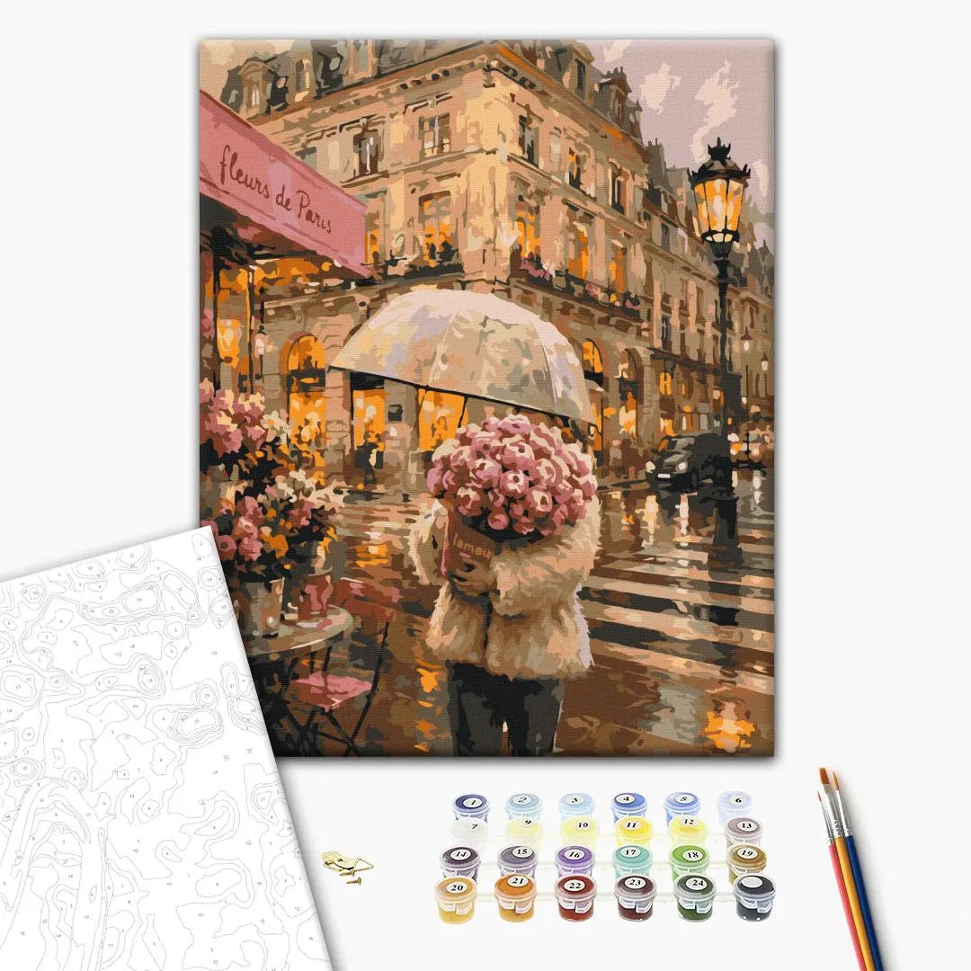 Дівчина з квітами під дощем (BS54642)